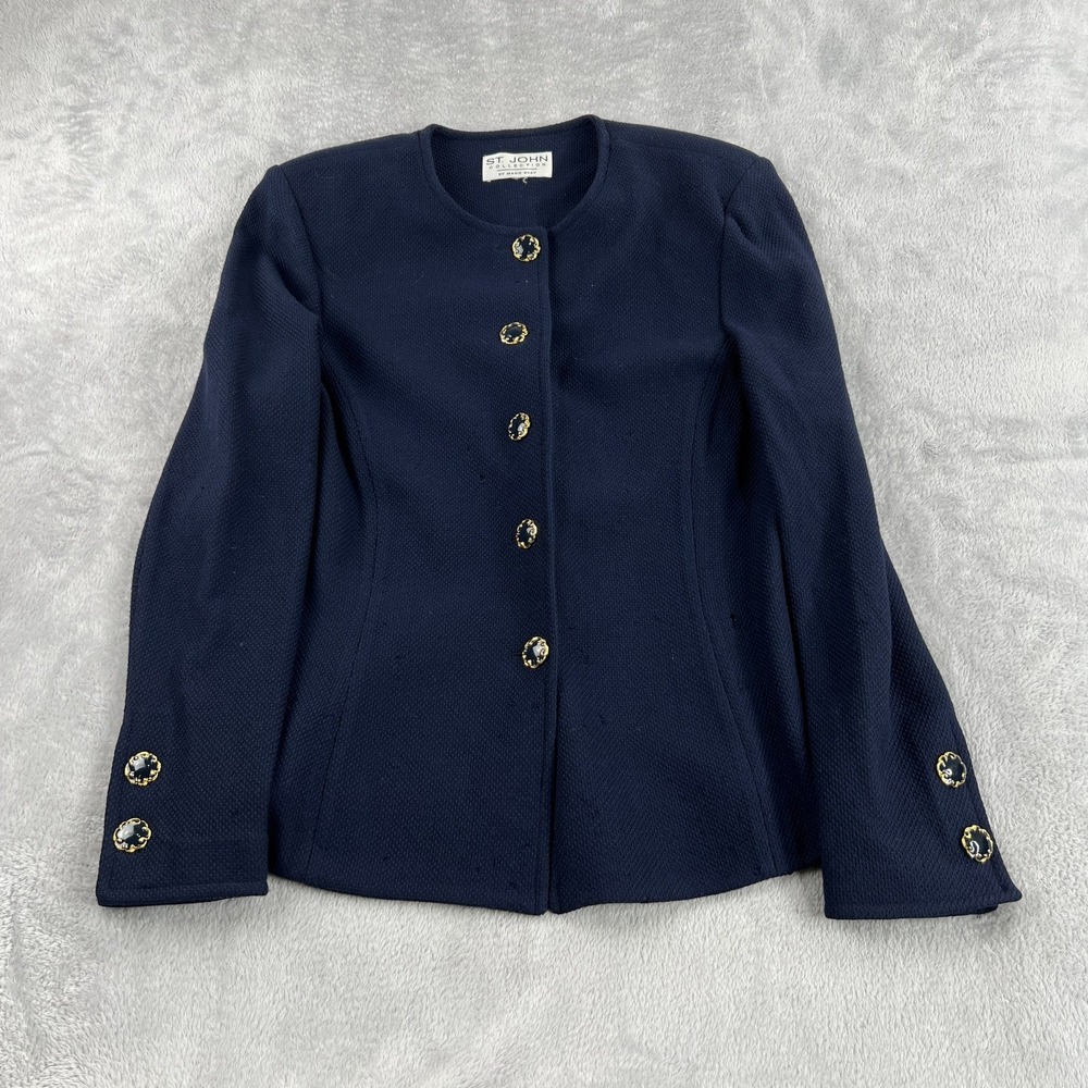 St John Collection Marie Gray Medium Women Santana Knit Blazer Navy Gold Buttons